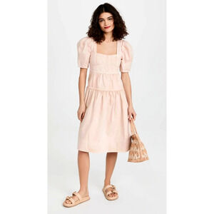 Ulla Johnson 2 Ames Corseted Denim Dress $555 Puff Shoulder Cotton Pockets Pink